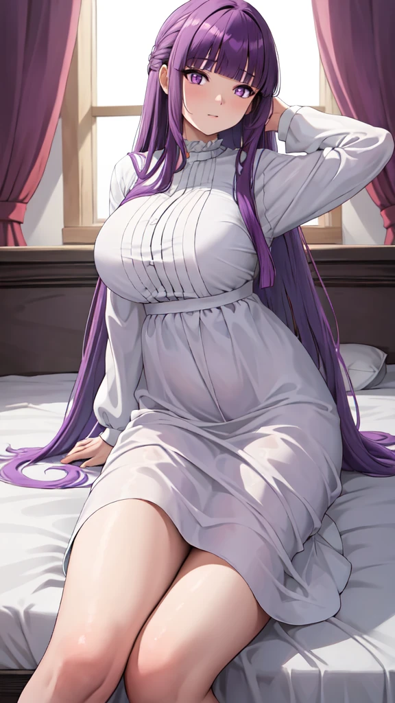 masterpiece, Highest quality, High resolution, Arfern, Long Hair, Purple Hair, Blunt bangs, Purple eyes, Large Breasts, Long dress, White Dress, Long sleeve, Sitting,arms behind head, Bedroom,(Puffing one's cheeks), Cowboy Shot,