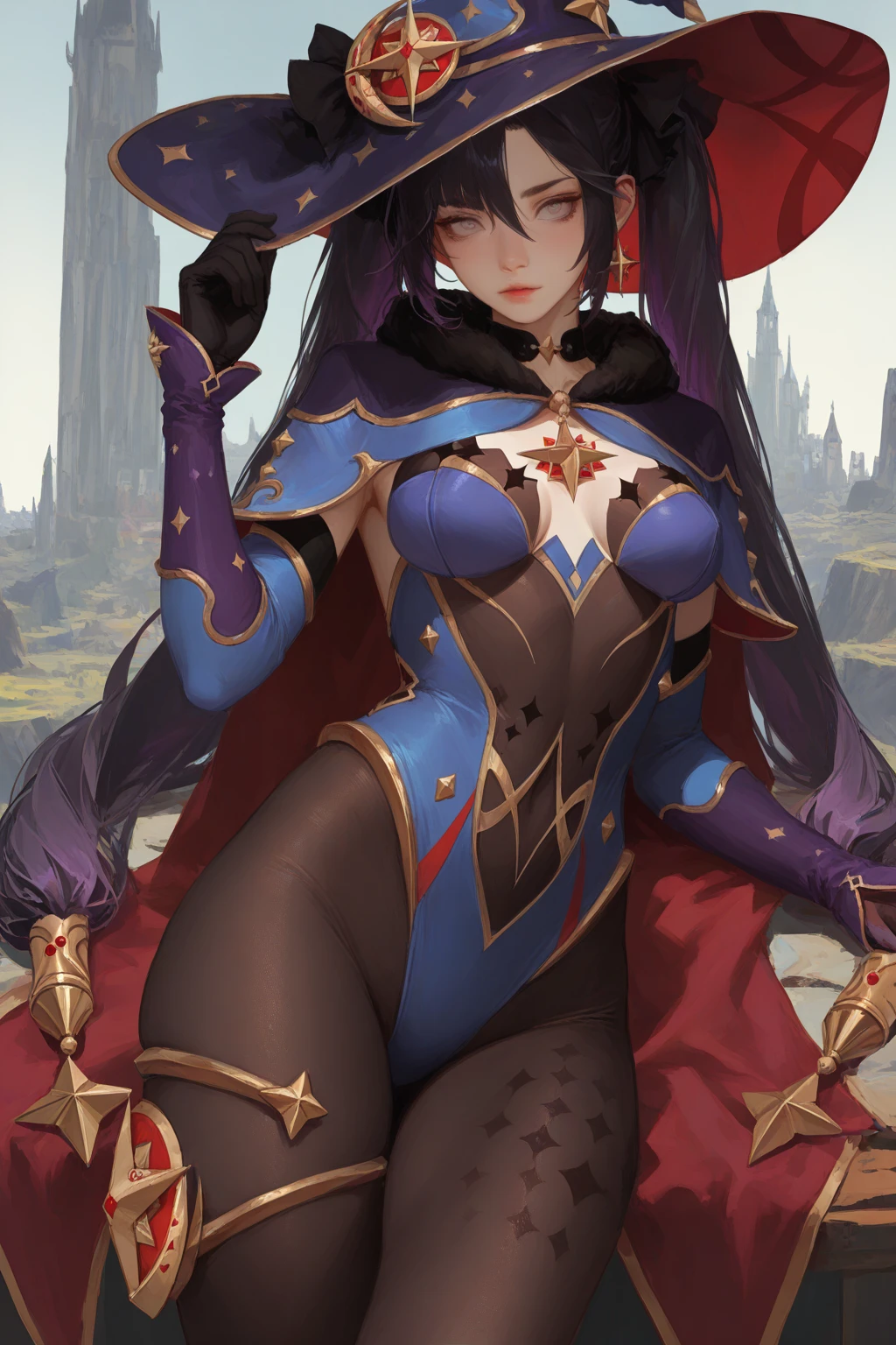 Mona,Witch hat,Poster publicity style,Pose,huge tit,exposing your navel,Sexy Siamese stockings,busty figure,Fleshy thighs,Happy look