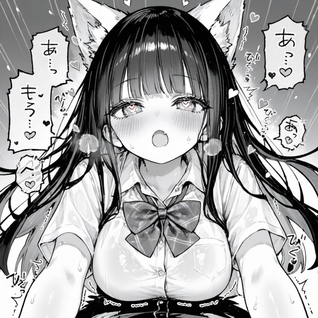 greyscale, monochrome, animal_ears, collar, cat_ears, streaked_hair, 1girl, closed_eyes, detached_sleeves, open_mouth, low_twintails, twintails, blush, long_hair, tears, sweat, multicolored_hair, breasts, cat_girl, small_breasts, solo, animal_ear_fluff, leash, bare_shoulders, upper_body, emphasis_lines, sneezing, navel, underwear, bangs, collarbone, bra, solo_focus