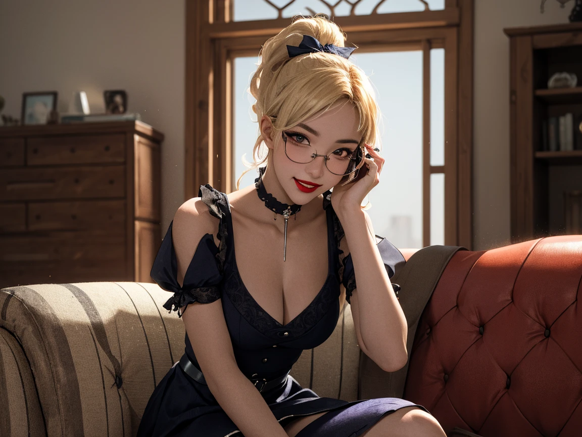 ((best quality)), ((masterpiece)), (detailed), perfect face, a white-toned sexy girl with silver hair and blue eyes wearing glasses with big breasts wearing a royal dress and a tiara on her head looking outside the window showing her cleavage with seductive look on her face, close-up side shot, ultra-detailed, 4k