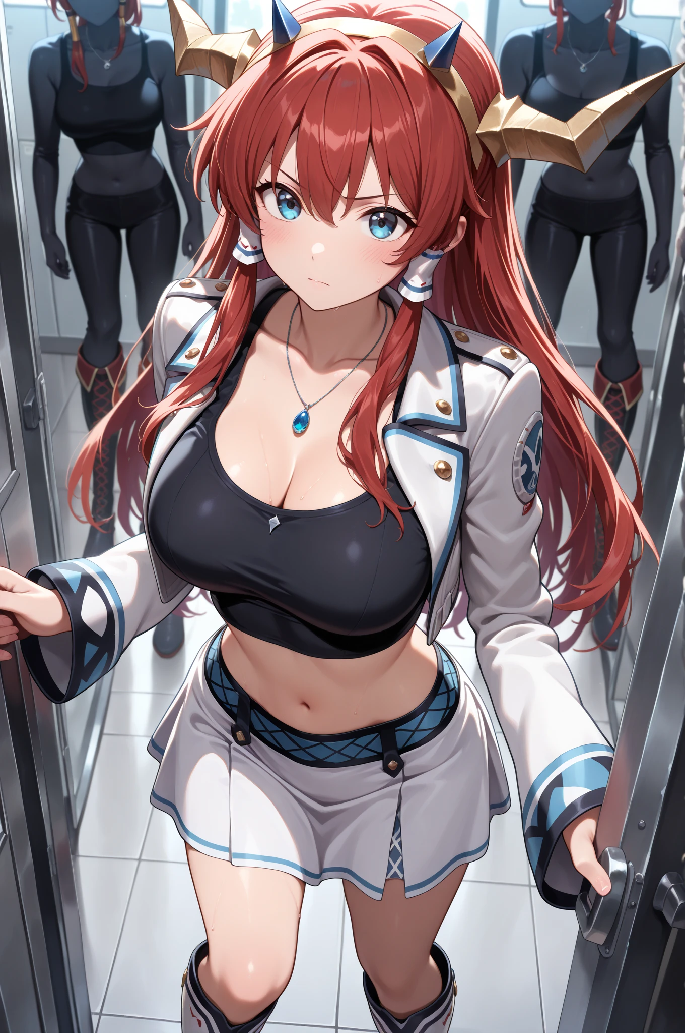 Female anime figure wearing a blue top and black pants, thick, Azur Lane Style, [ 4k digital art ]!!, Kantai Collection Style, tits, have large breasts, , from Girls&#39; Frontline, , Big Breasts!, 2b, Fine details. Girls&#39; Frontline