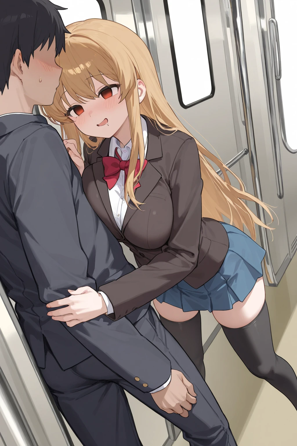 score_7_up, anime screencap,
1girl, blush,
long hair, brown hair, brown eyes, 
HarukaUniform, blue jacket, white shirt, red necktie, green armband, white gloves, over the knee pencil skirt, blue skirt, brown pantyhose, long sleeves, high heels
score_9, score_8_up, score_7_up, source_anime BREAK 1girl, 1boy, kiss, multiple views, lips, faceless male, dark-skinned male fat man, muscular male, closed eyes, tongue, male, standing, ass grab, French kiss, cowboy shot, kiss close up, sex, girl on top, motion lines, hetero, blush, licking, chin, nose, netorare, cheating (relationship), rating_questionable

blurry background, train station, rail tracks