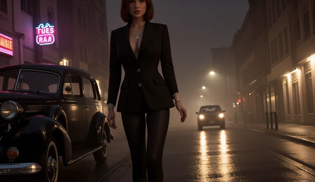 delicate, masterpiece, beautiful detailed, finely detailed, intricate details, (realistic:1.2), (almost black lighting:1.2), (film noise:1.4), (full body), (looking at viewer:1.2), (detailed face), (masterpiece), (best quality), (ultra detailed), (illustration), (1girl), (Fashionable clothing), (Highres) (Detailed illustration) Ultra-detailed, Solomia Maievska, hazel eyes, very detailed eyes, thick eyebrows, short curly hair, adult woman, strong chin, strong jaw, scar on upper lip, dress shirt, cleavage, dress suit, athletic body, slender build, slim body, fashionable suit, black suit, city at night, detailed background, formal suit, collared shirt, urban setting, professional, formal, fully dressed, blazer jacket, dress pants, full body, Russian, New York at night, New York street, reflections in puddles, smirking, smug, smug expression, pretty eyes, button up shirt, night time, night setting, collared shirt, long legs, strong legs, Doc Marten boots, veteran, holding a gun, vest,