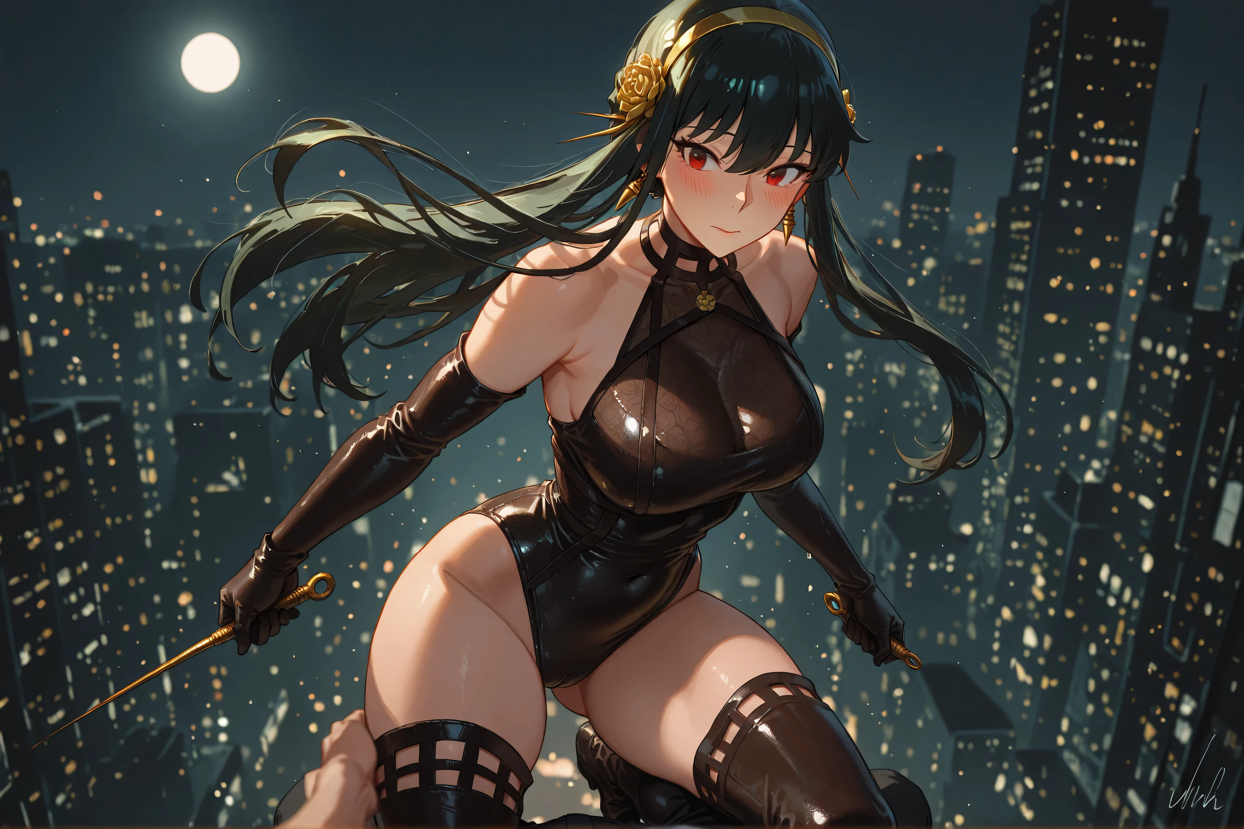 a woman wearing tight black race queen uniform, exposed thigh, long black stockings, black boots, big breasts, long black hair, horns, smiling, yellow eyes, standing in an open race track, night place, lighting in place, full body, day place,very detailed, ultra defined, high quality, well defined, masterpiece (solo woman)
