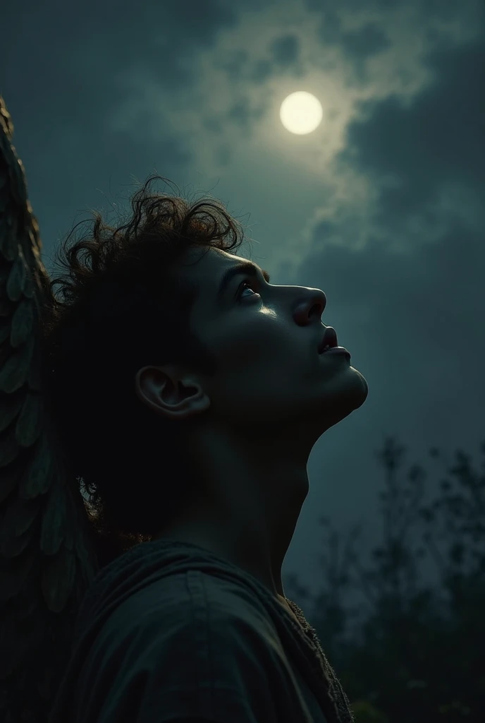 angel boy age 16 shirtless sexy abs plumpy lips, sexiext Nipples with 4 cm diameter , with 4 big black wings,White skin,hunter eyes, White Gradation silver,Wearing a plain white skirt, In The Night Skies Illuminated by the light of the Moon