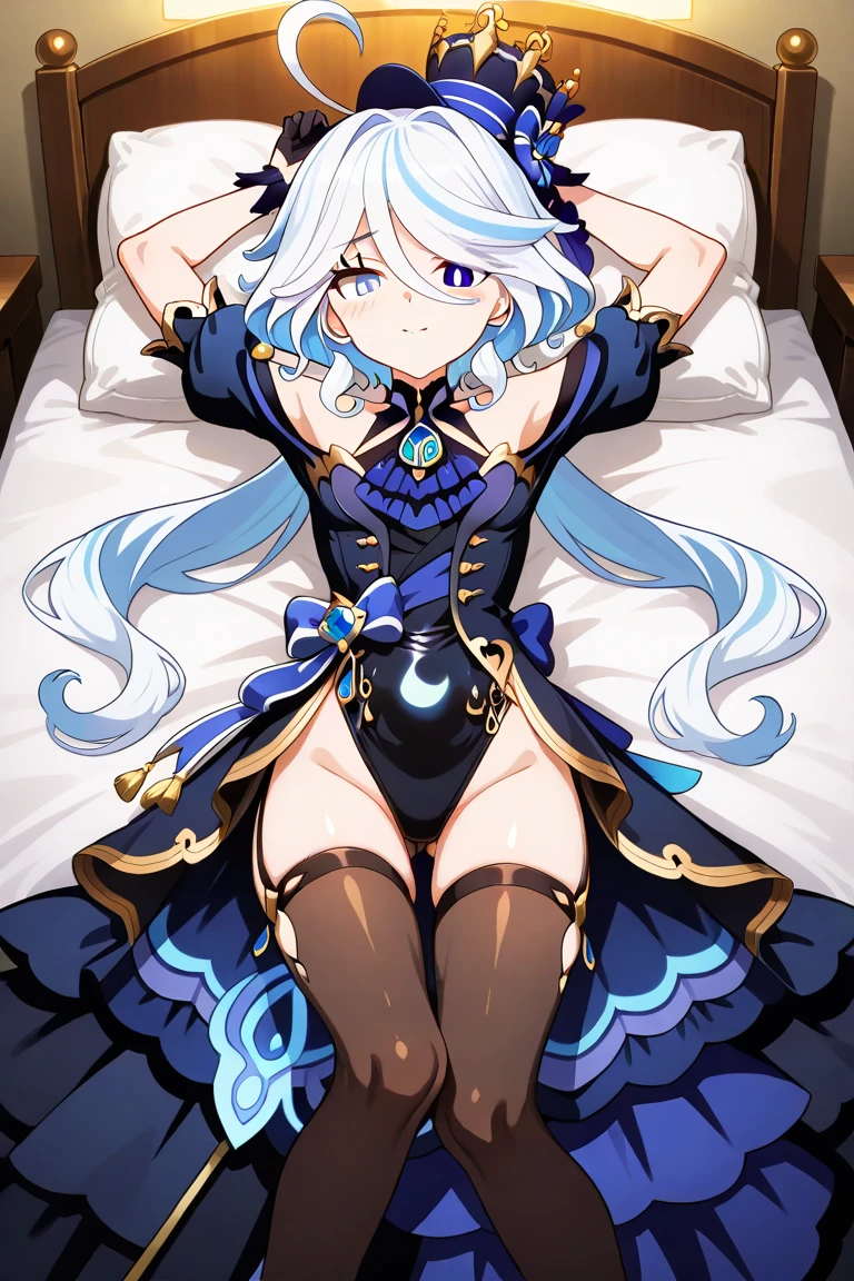 teens girl,Enchanted,having fun,Being in love,Princess dress,Dark black swimsuit,Lilac cloth,exquisite costumes,Bedrooms,solo person,blond hairbl,Dark environment,(blond hairbl),(pale blue color eyes),(Lie down),pillow head