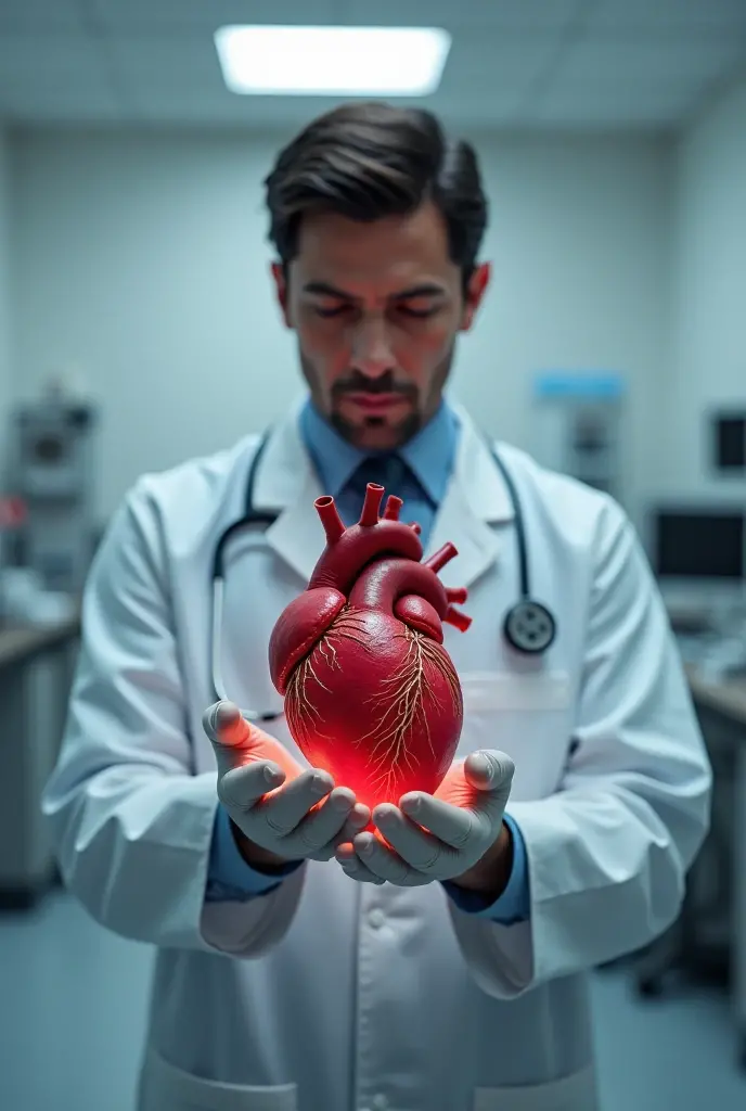 A doctor in a hospital holds a heart in his left hand, which bleeds