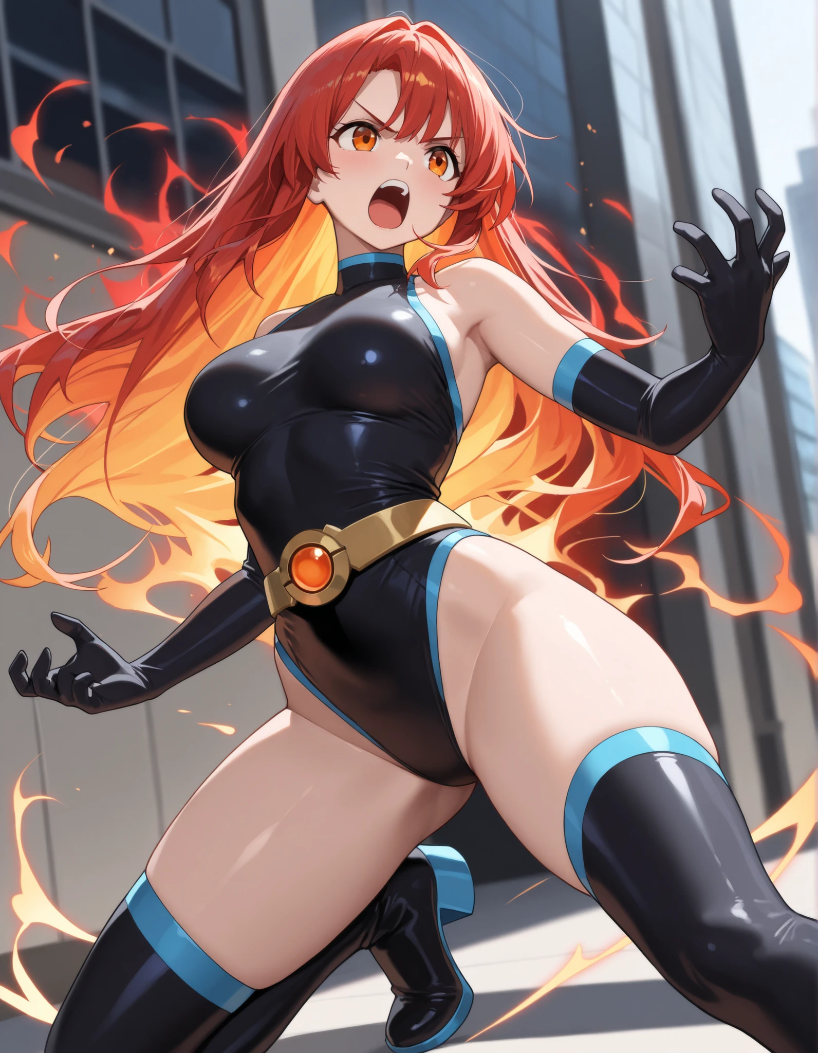 ((Highest quality、masterpiece、anime style、best quality、high resolution、8k、detailed、ultra-detailed:1.3))、Long legs、Sharp focus:1.2, Beautiful woman with perfect figure:1.4、(Smiling:1.2), double eyelid、30-year-old female、Sexy pose、((((Close your mouth、One Woman、All-black catsuit:1.5)))),The background is a different world、movement,Dynamism、Fighting Pose、Orange Hair、Curly Hair、Mine Fujiko、Big Breasts