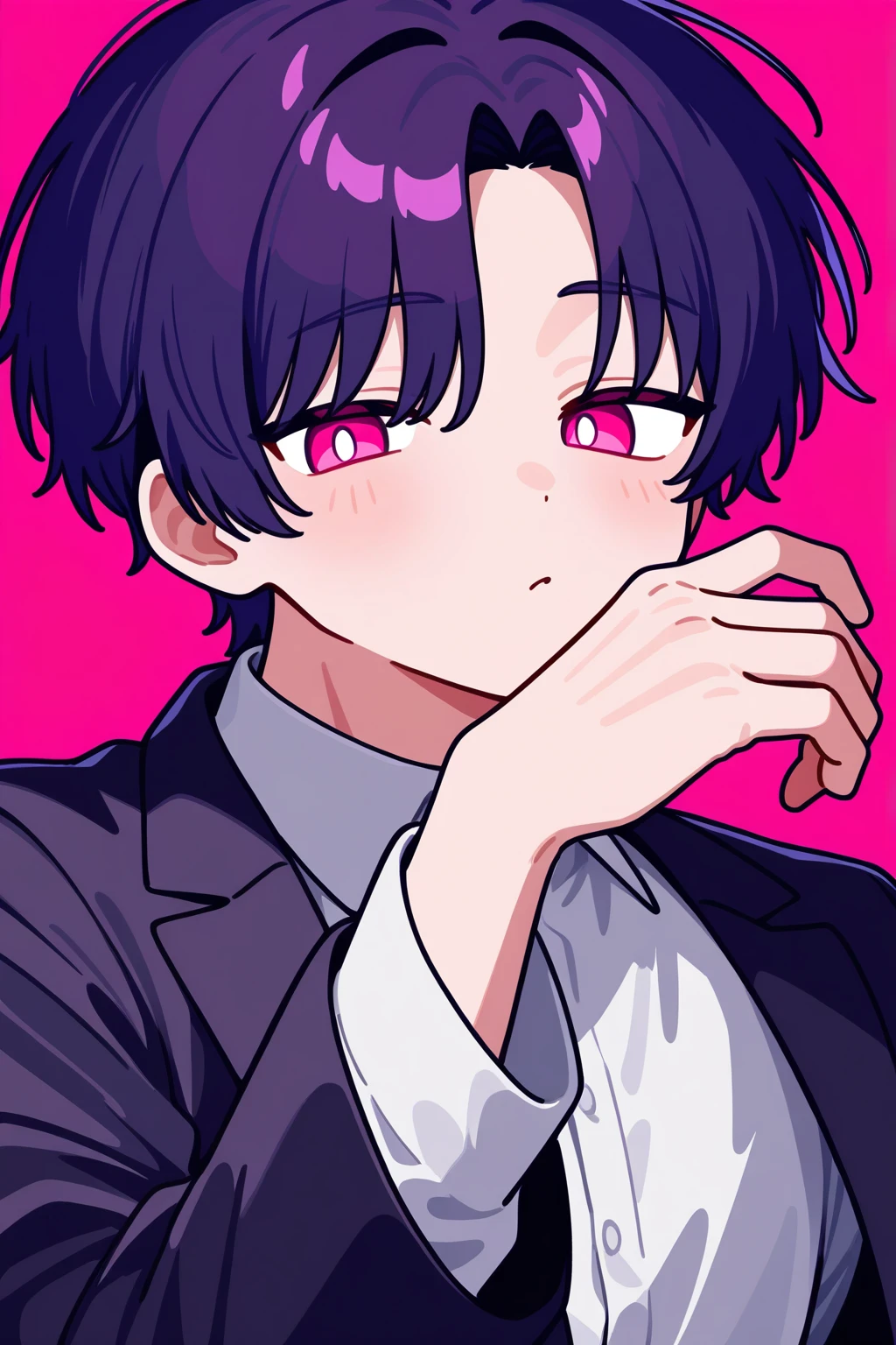 A butler with short black hair and purple eyes, he's blushing with his tongue out and his eyes rolled back . Anime Art Style. A purple light background house with so much money.