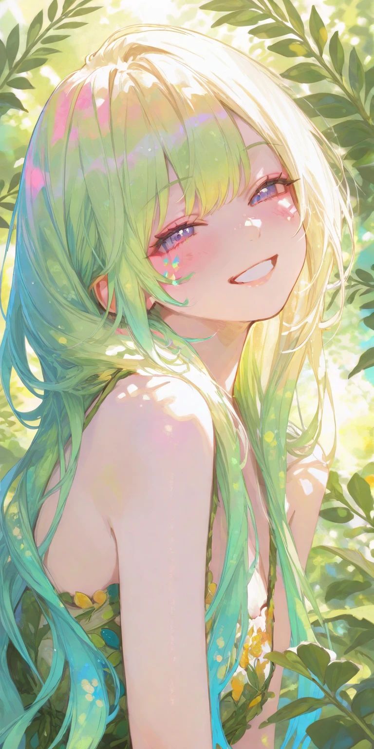 masterpiece, (((HDR))), ((best quality)), (ultra high quality), (hi-res), (((portrait))), (shoulders up), close up, ((1 anime girl)) (((detailed red eyes and white skin))), ((teen)), (((lime green hair))), (bangs left-part), (left part bangs), swept bangs, ((long side locks)), (((long straight hair that goes to her knees))), straight hair, wearing a plain white sleeveless mini dress, wearing tan sandals with no socks, (((small ))), (happy expression), cute, in a garden, short silver necklace with silver heart, looking at viewer, 