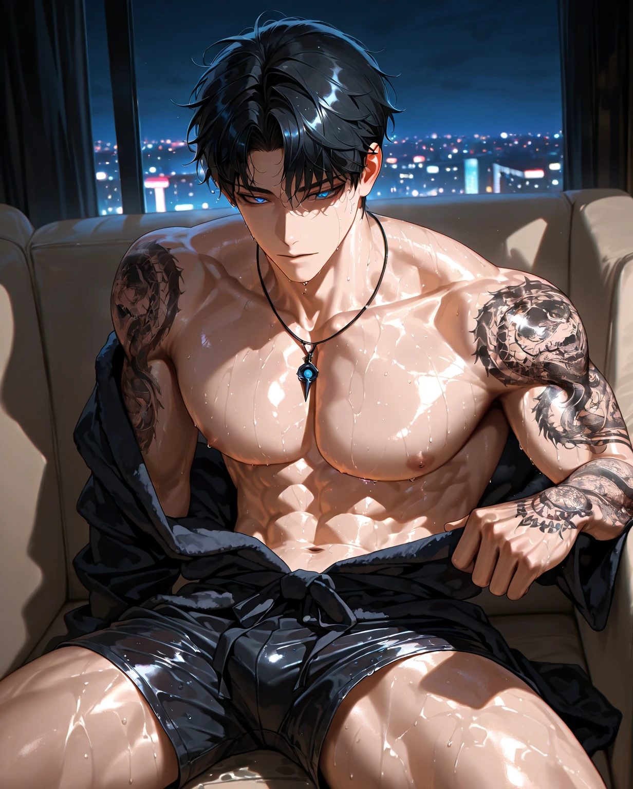 Best quality, masterpiece, expressionless, ultra high res, detailed background, solo, muscular male, short hair, sitting, sofa, real shadow and light,depth of field, Sukuna a man with pink hair and shirtless, tattoo_ryoumen, tattoo_on_his_face, eye focus, manly, mature,