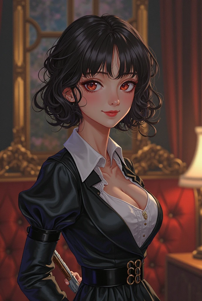 ((Marnie)), portrait, smiling, voluptuous, cleavage, black hair, wavy hair, hair ribbons, pink dress, black jacket, face portrait, mature adult, cowboy shot,