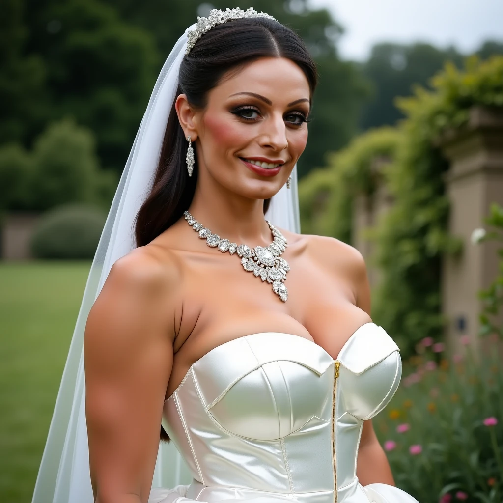 teenager dressed as Megan Fox, with big breasts, dressed in white, holding a bouquet of flowers