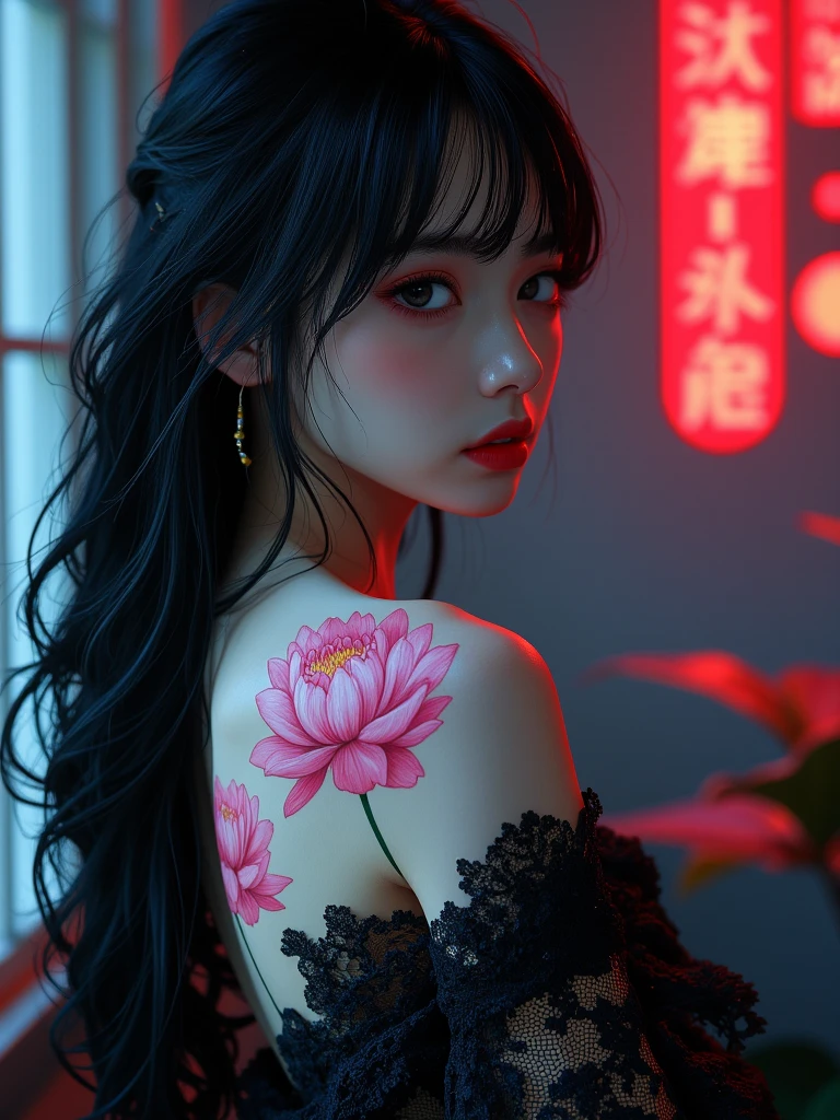 巨作, The best quality, Ultra-high resolution, beauty woman, Elegance, Elegance, Award-winning art, a woman with many tattoos, （The style of Yuko Shimizu：1.1），portrait of a beautiful,Lace slip dress, Rebecca Guai's style, Red lips, model poses, black  hair，blue eyed, Red lips, Tokyo's Red Light District at night， visual shock, gorgeous