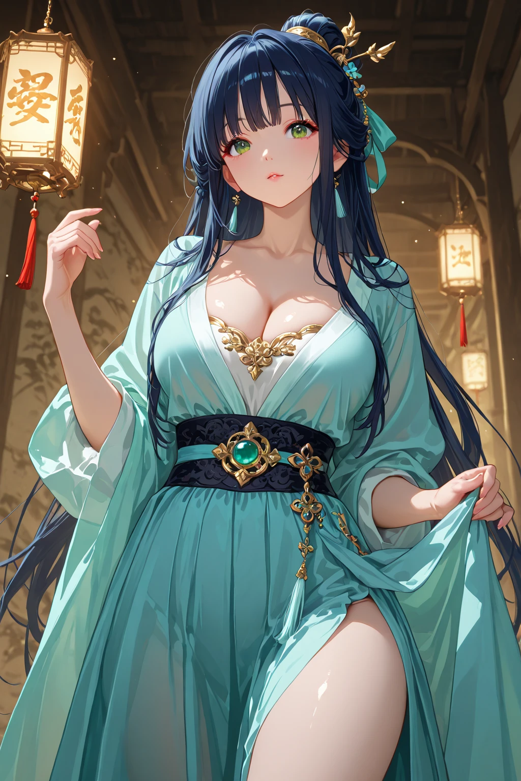 absurdres, RAW photo, extremely delicate and beautiful, masterpiece, Best Quality, ultra high resolution, 32k, hyperrealistic, ultra-detailed, delicate facial features, beautiful detailed woman, tearful mole, earring, medium breasts, full body shot, medium hair, black hair, Dunhuang Apsaras costume, Dunhuang style, 