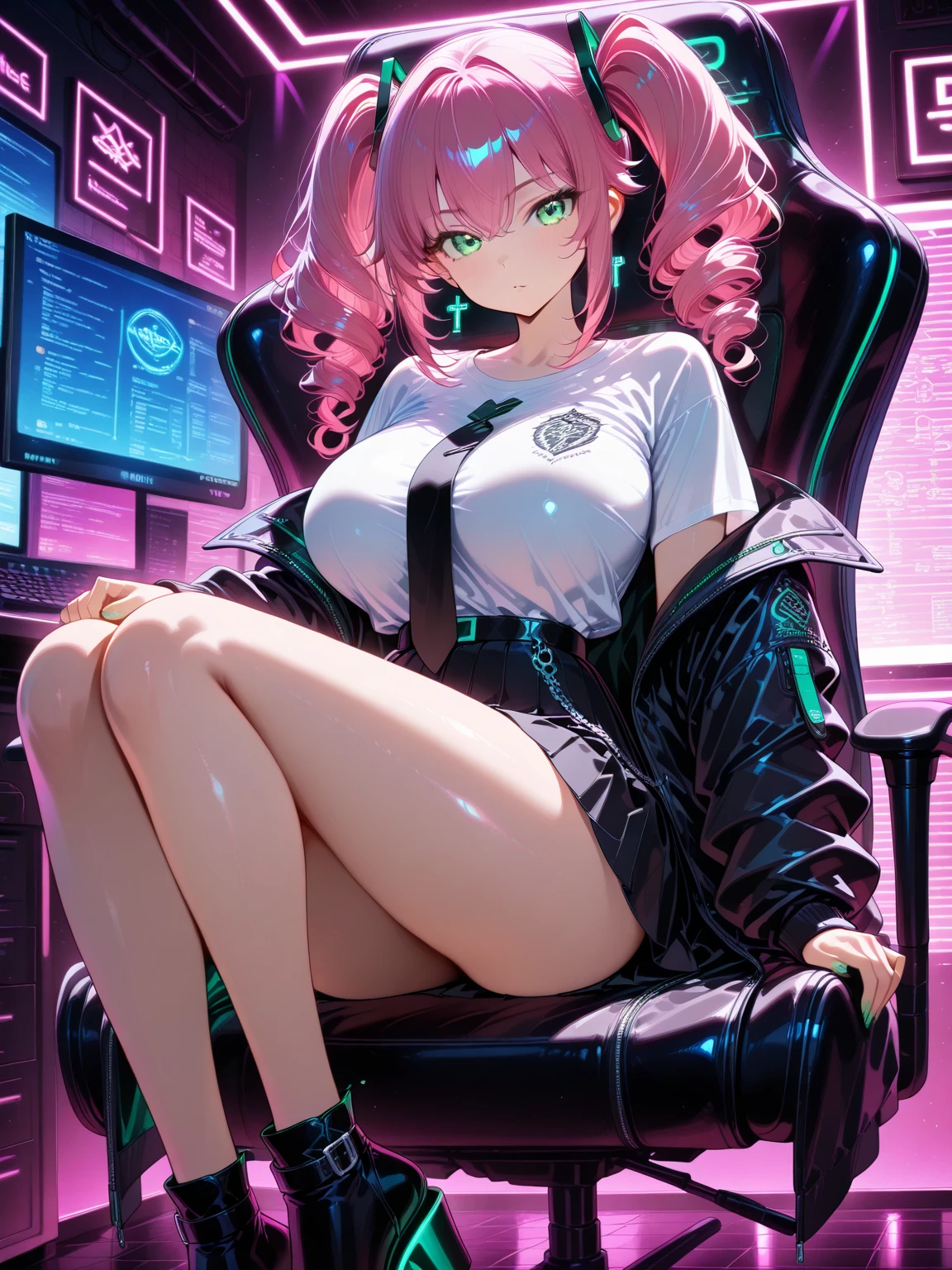 A young sexy woman with long purple hair and sexy clothes sits in a spaceship seat、A beautiful starry sky can be seen from the window.。smile,leather jacket,Future Fashion,Angel Girl,Pink Hair,Horny girl,High-dimensional beautiful girl,Multidimensional beautiful girl,colorful hair colors
