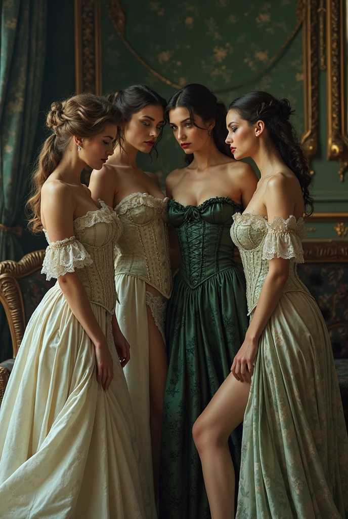 Their wives, dressed in elegant, corseted gowns with full skirts, whispered softly to one another, occasionally glancing out of the window at the rolling countryside. One woman's face was framed by dark curls, her green eyes sparkling with curiosity and intelligence. Another had porcelain skin and auburn hair, her warm brown eyes filled with gentle wisdom and kindness.