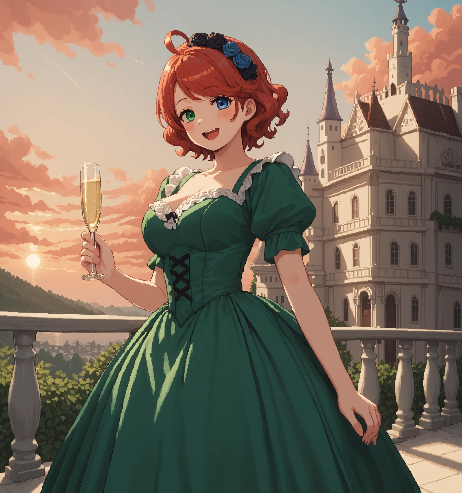 score_9, score_8_up, score_7_up, source_anime, 1girl, solo, pixel art, solo, redhead BREAK
Short hair, red hair, wavy hair, swept bangs, ahoge, heterochromia, left_green_eye, right_blue_eye, large breasts BREAK
Victorian_dress, green dress, hair ornament BREAK
Looking at viewer, happy face, open mouth, blush, walking, smile, holding_champagne_flute
Balcony, (fancy castle), golden structure, cloudy sky, sunset sky, orange sky