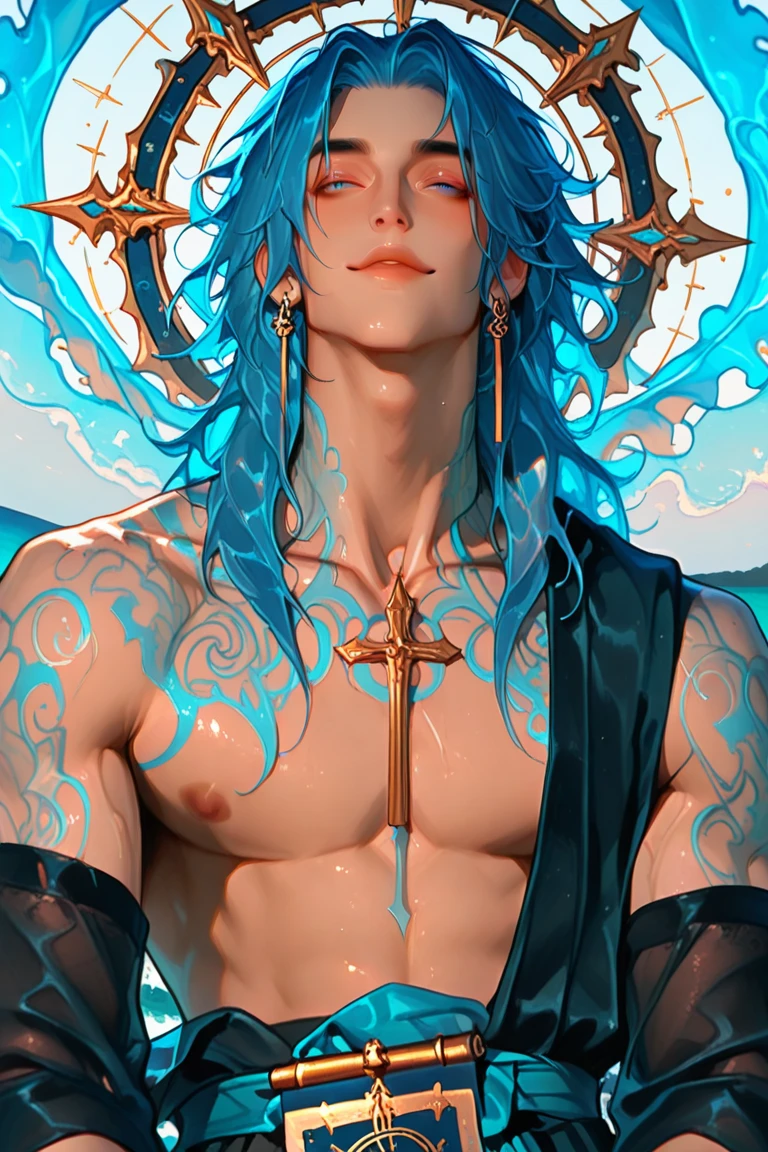 man, masculine, masculine face, attractive, muscular, ((1man)), masterpiece, absurdres, best quality ,intricate details , (shiny skin, shiny body, shiny oily luster skin, shiny hair, pale skintone), Sundown, attractive, ((muscular)), adult, one, tattoo in his chest ,black blouse, earrings, black pants, Don't look at the view , Not looking at the view, blue long hair, perfect detailed face, perfect detailed hands, vampire, blue eyes, ((MLS)), medium large shoot