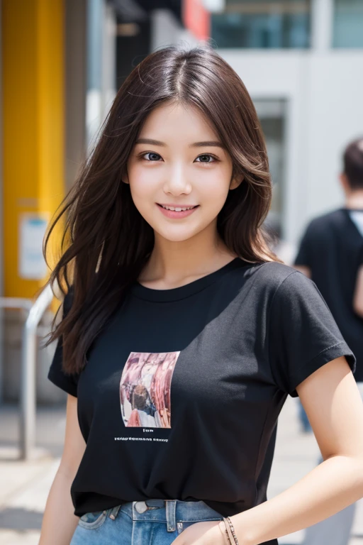 (masterpiece:1.2,Highest quality),Blur the background,One College Girl,((Tshirt)),(Big Breasts),((Gravure pose)),Wavy Hair,((Beautiful Eyes)),Blushed Cheeks,Healthy Skin,Observe the audience,(smile),(Shinjuku Date),8K resolution