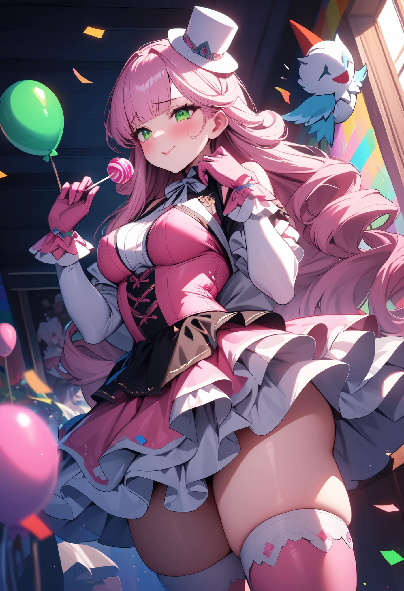 masterpiece, Milf, An adult clown with a curvaceous and attractive figure, small breasts, caderas anchas, Lush thighs, detailed anime-style air balloons, with light pink curly hair and bangs. Pina red lips, She has flushed cheeks , big green eyes with long eyelashes. He wears a voluminous multi-layered tutu in shades of pink and white, adorned with a small white ribbon at the waist. The upper part of her outfit is a pink bodice with straps, decorated with three pink buttons in the center. His hands are covered by long light pink gloves, with rainbow bands around the wrists. in the traditional home interior, confetti on the floor visible. The image has an 8K Ultra HD resolution, with extreme attention to fine details, maintains balance, visible pastel , huge hips, Lush thighs, tender and attractive expression, blush, worried look, shrink beam, Chubby butt, pretty eyes , throw, long stockings of colored stripes with straps, little clown hat, doing a sensual pose, sideview, standing, throw, dynamic angle, colorful wall, 1 visible globe, pastel, Impossible_clothes, holding a lolipop in his hand, lollipop,