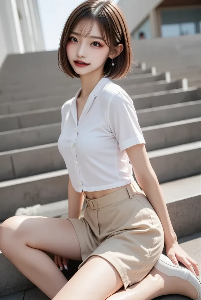 best quality, ultra high res, 1girl, solo, sitting, golden hour lighting, smiling, grin, [ash blonde | ginger | brown gray hair], ((puffy eyes)), looking at viewer, huge breasts, sunlight, pureerosface_v1, ulzzang-6500-v1.1, <lora:koreanDollLikeness_v10:0.6>, (mix4:0.3), <lora:cuteGirlMix4_v10:0.3>,  outdoors, (((focus on cameltoe))), t-shirt, from below, spread legs, navel, midriff, (((The woman unzipped her pants ))),