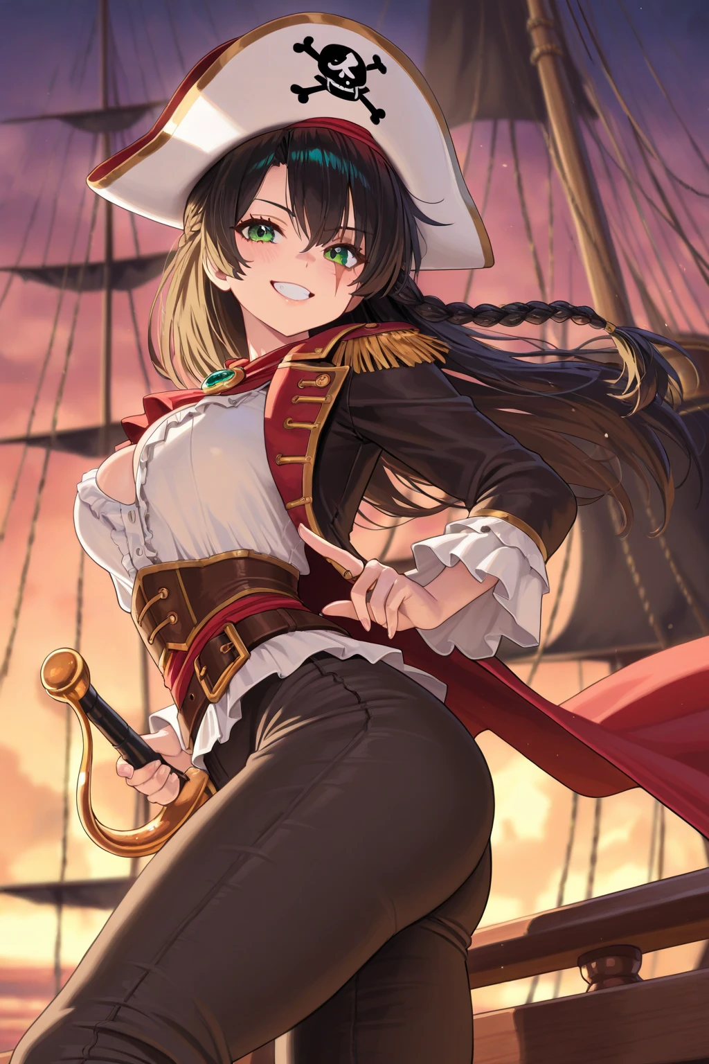 (masterpiece), best quality, expressive eyes, perfect face, perfect eyes, perfect hair, perfect body, perfect hands, perfect fingers, high detail, best detail, pirate, cavalier pirate hat, pirate leathers, sheathed sword, cocky smile, confident, dominant, powerful, pirate raid, raiding ship, fighting, background chaos, dark skin, beautiful brown skin, beautiful dreadlocks, Adult Female, sweat, toned body, 