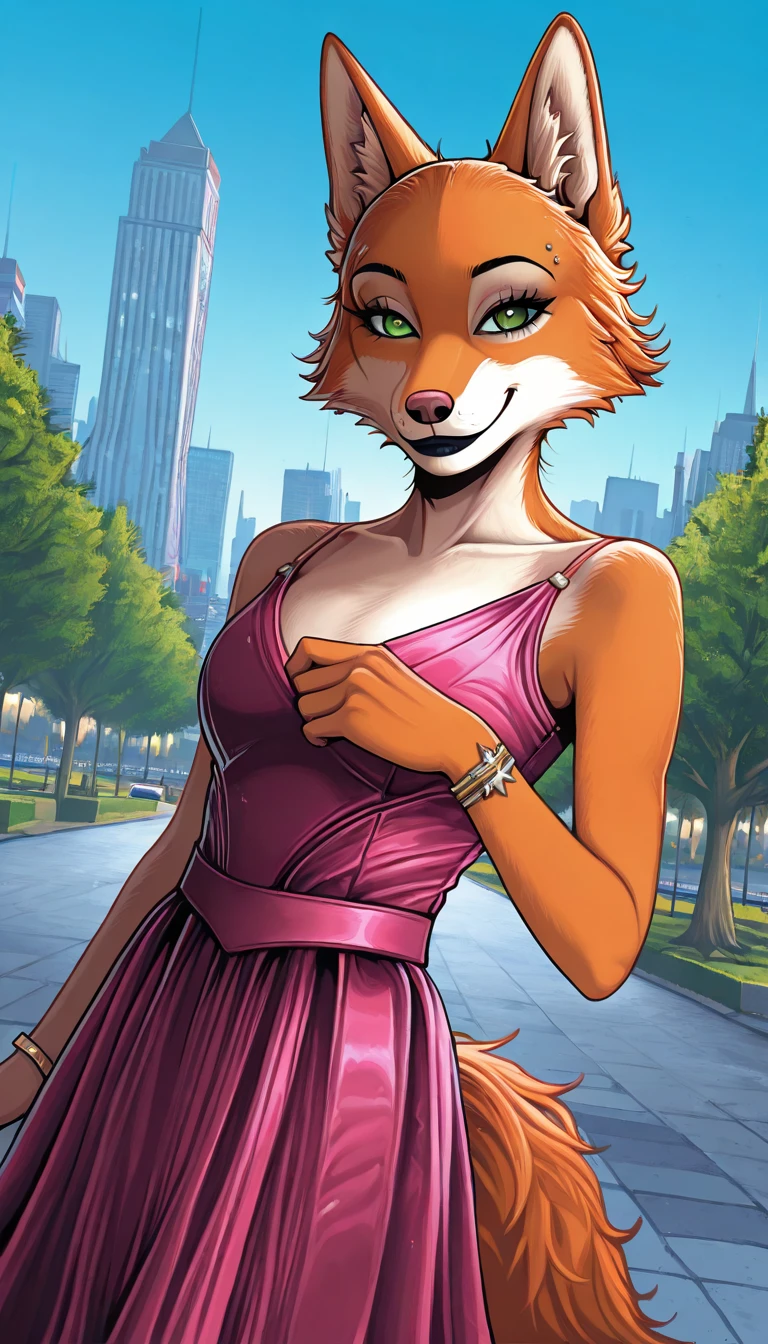 Female antro fox posing for a photo, usando vestido elegante,
good hand, 4k, alta resolução, obra-prima, melhor qualidade, headpe: 1.3, ((fotografia Hasselblad)), pele finamente detalhada, foco nítido, (cinematic lighthing), noite, soft-lighting, dinamic angle, [:(rosto detalhado: 1.2): 0.2],(((na cidade))),