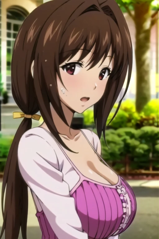 Best Quality, masutepiece, 超A high resolution, (Photorealistic: )2D official style cel animation、In front of the station、amagami High school students、Landmine fashion、Unbutton your shirt、pink lace brassiere、Skirt combing、Pink Lace Panties A dark-haired teats Boobs Exposure