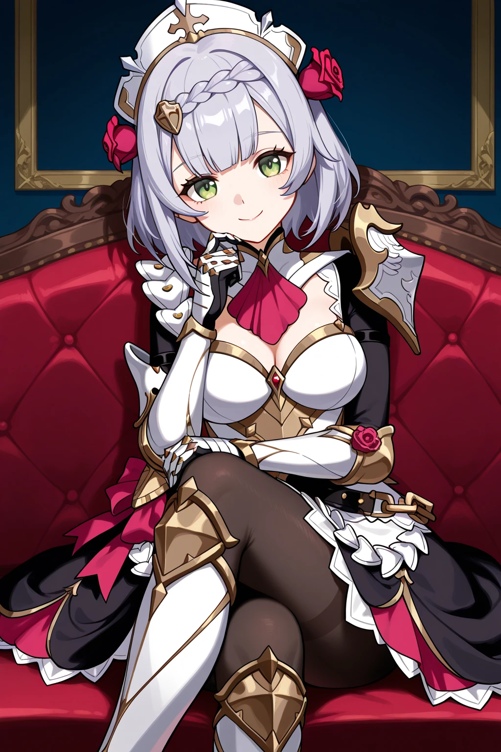 score_9, score_8_up, score_7_up, score_6_up, source_anime, BREAK 1girl, looking at viewer, lgdCor, black hairband, cleavage, black armor, shoulder armor, gauntlets, black gloves, torn cape, black leotard, black legwear, big breasts, sittinig in a throne, medieval, indoors, red chair, furrowed brow, evil smile