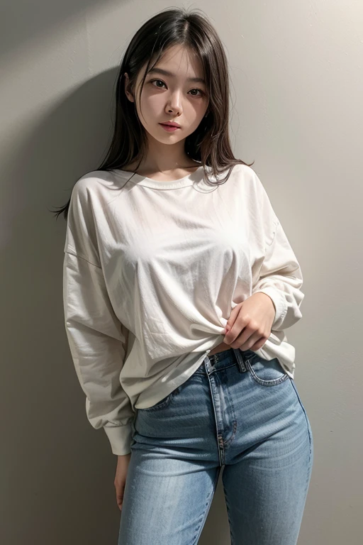 ((top quality, 8K, masterpiece:1.3)), Pretty Woman, 1 woman, chest:1.3, slim body:1.1, black hair, (long sleeve shirt, jeans, sitting on bench:1.1), ((park)), very detailed face, detailed lips, detailed eyes, double eyelid,