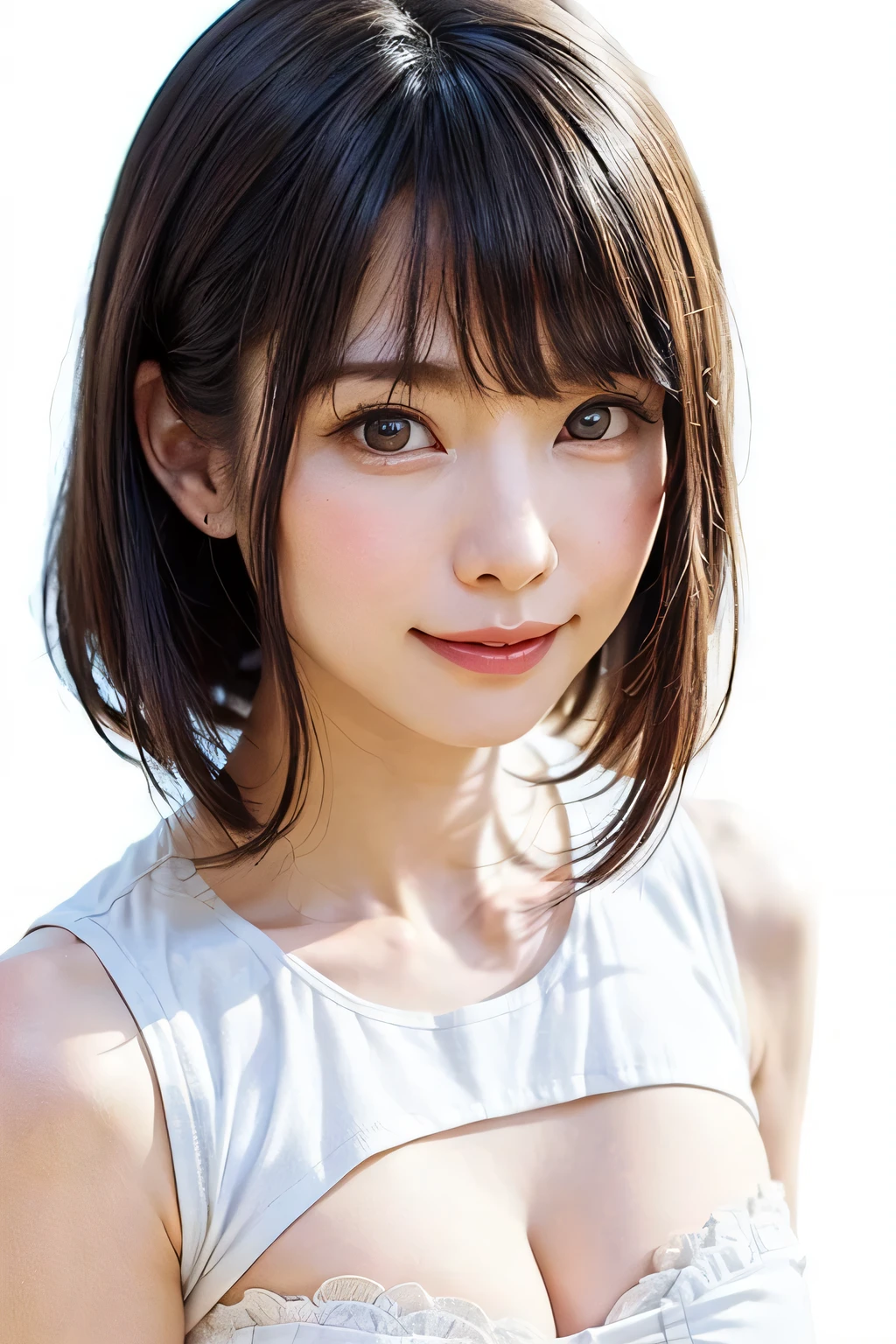 1 girl, alone, Beautiful Skin, very detaileded, ultra detaileded, Ultra-high resolution, (Photorealism:1.4), (highest quality), (Best Shadow), detailed, Perfect lighting, Black Hair, ((Showpiece, highest quality, High precision)), One Girl, (Realistic: 1.4), (look up at the camera even a little, カメラをlook up, look up, look up at the camera, Looking into the camera))), alone, White Background, snow-White Background, shut up., smile, pretty Black Hair, short hair:1.6, Big eyes, Beautiful double eyelids, eyelash, listen, Long neck, 美しいLong neck,Show off your beautiful ears、slightly broad shoulders、Beautiful Lips、 Absolute area, ((Face close-up, short hair with bangs、Short Bob Hair:1.5、Off the shoulder)), 19 years old, Attractive proportions, Shiny skin, Beautiful clavicle, Golden ratio face, Perfect Face, Teardrop-shaped mole, Mole on chest, bangs, clean bangs, beautiful bangs, Lip gloss, Thin lips, White skin, I took off my clothes, Small face, Small face, 少し上を向いてLooking into the camera, ((smile a little for the camera, really nothing pure White Background, Listen carefully, big 胸、Dynamic Angle:1.5))