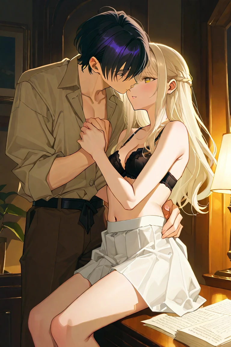 ((best quality)), ((masterpiece)), (detailed), one girl with long blond hair in white bra and white panties kiss one muscle blond guy in suit, view from side on scene, passionate kiss, cozy atmosphere, cozy lighting, standing poses
