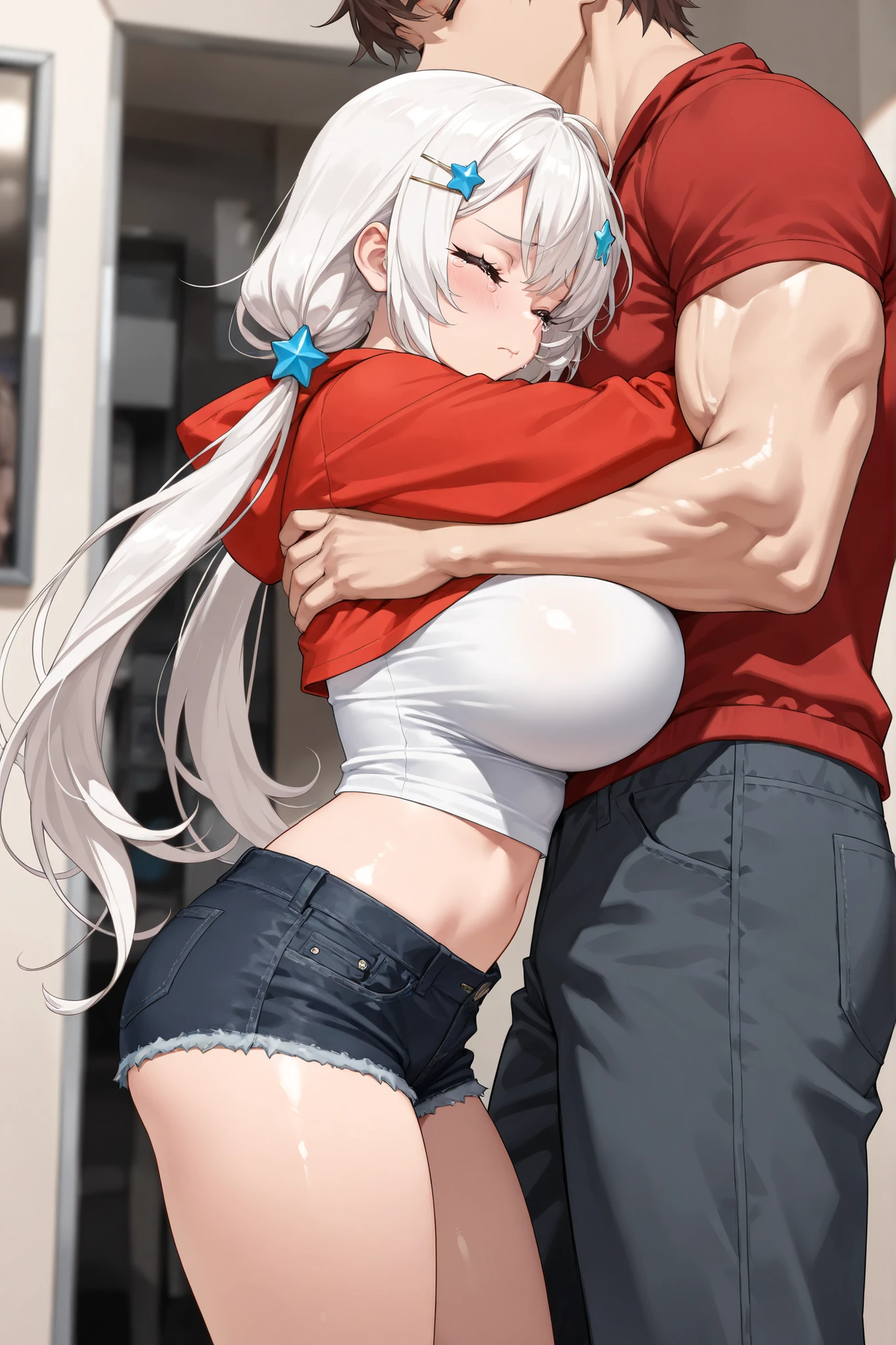 ((mama and 1little boy:1.2)),((little boy Grab mama's:1.2)),(Thick thighs:1.1),(Huge breasts:1.1),(Embarrassing:1.3,blush),(Intense orgasm:1.1),(tears:1.1),(panties),(Squint eyes:1.2),(Sweat:1.3),((Soldier)),masterpiece, Highest quality, Very detailed, Dynamic Angle, ((Perfect hands)),Great background, Meaningful Background, Absurd background, Artistic Overlays,The style is surrealism, Cinema Lighting,Ray Tracing,Holy Light、Silver Hair、Long Hair