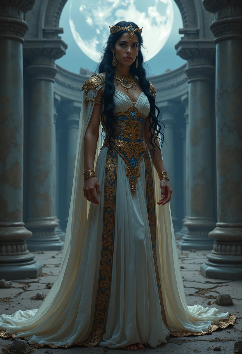 (((QUEEN YEMANJÁ )))on a BEACH with SHELLS STARS OF THE SEA a bright light, Sorceress, beautiful female sorceress, (( Yemanjá ultra-realista ))) With a beautiful crown of shells and pearls, volantes+ribbons+detailed in tone , It should look charming and beautiful, Keep the iconic elements of the original character. Yemanjá must have a sensual round face with large dimensions, clear eyes, long eyelashes and rosy cheeks. Your hair should be in great black tones . Elegant like a queen : Vista-se Chibi em um luxuoso e elegante vestido com detalhes standingrolas dourada . She wears a veil on the shore, The character&#39;s costume is a beautiful light blue lace dress. . standing, . Magic Accessories: Add charming accessories to the chibi, shell necklaces and earrings .Be sure to add shadows, textures and details in the hair, yemanjá accessories, to make you even more charming and charming. Give him a smiling expression and a smile on his face, Capturing the essence of the character in a subtle way, Delicate hands,( beach scenery, deep surrealistic landscape, yemanjá and its mermaids ) million conchas pérolas 18 K UHD