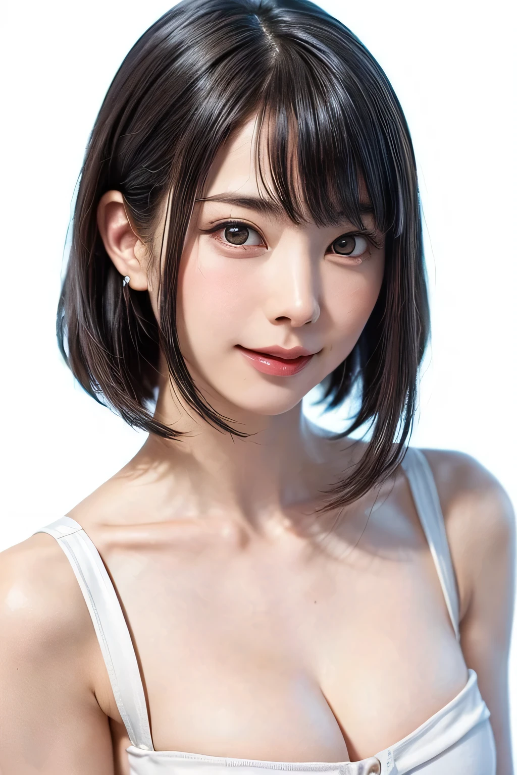 ((masterpiece, Highest quality, High resolution、Everything is beautifully detailed)), 1 girl, (Realistic: 1.4), alone, White Background, snow-White Background, Mouth closed, Smile, Smile, Beautiful black hair, short hair, Big eyes, Transparent double eyelids, eyelash, Listen carefully, Long neck, 美しくLong neck, Absolute area, ((Face close-up)), (Draw the whole head, shoulder), 19 years old, Attractive proportions, Glowing Skin, Beautiful collarbone, Golden ratio face, Perfect Face, Teardrop-shaped moles, Mole on chest, bangs, clean bangs, beautiful bangs, Lip gloss, Thin lips, Fair skin, naked, Big Breasts, {gigantic|big|huge|mega} breasts, cleavage,Small face, Small face, All the heads are painted, shoulder all drawn, Looking slightly above the camera