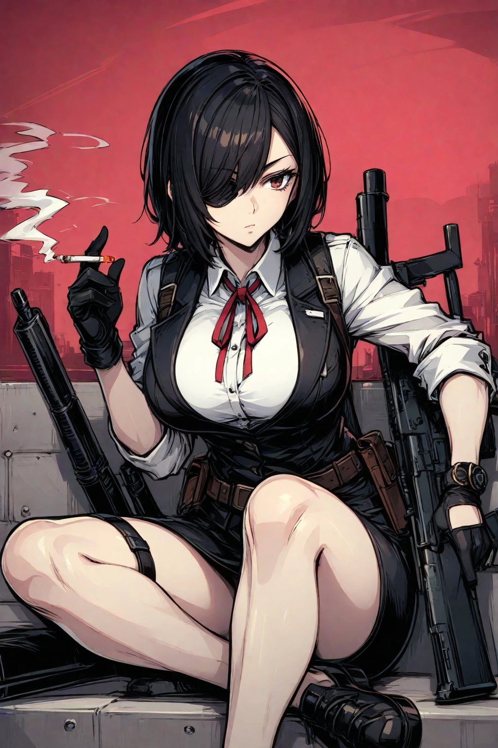 masterpiece, best quality, (1 girl), warrior couple, japanese style, (Lady) holding a sniper, boyfriend, girlfriend, japanese style background, black paint background, red splash background, fighting pose, short male hair, (Lady),heterochromia, red eyes, blue eyes, black hair, short hair, white collared shirt, plaid miniskirt, half body illustration, 1 female, girl holding a sniper,