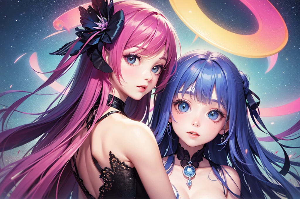 Best Quality, Masterpiece, High Resolution, Two People, 2 Girls, Sexy Lingerie, Sexy, Hair Accessories, Necklace, Jewelry, Beautiful Face, upon_body, Tyndall Effect, Realistic, Dark Studio, Edge Lighting, Two-tone Lighting, (High Detail Skin: 1.2), 8k UHD, DSLR Camera, Soft Lighting, High Quality, Volume Lighting, Frank, Photo, High Resolution, 4K, 8K, Bokeh, Full Body, Blue-Pink Hair, Red Eyes, Red Clothes, Black Silk Gloves