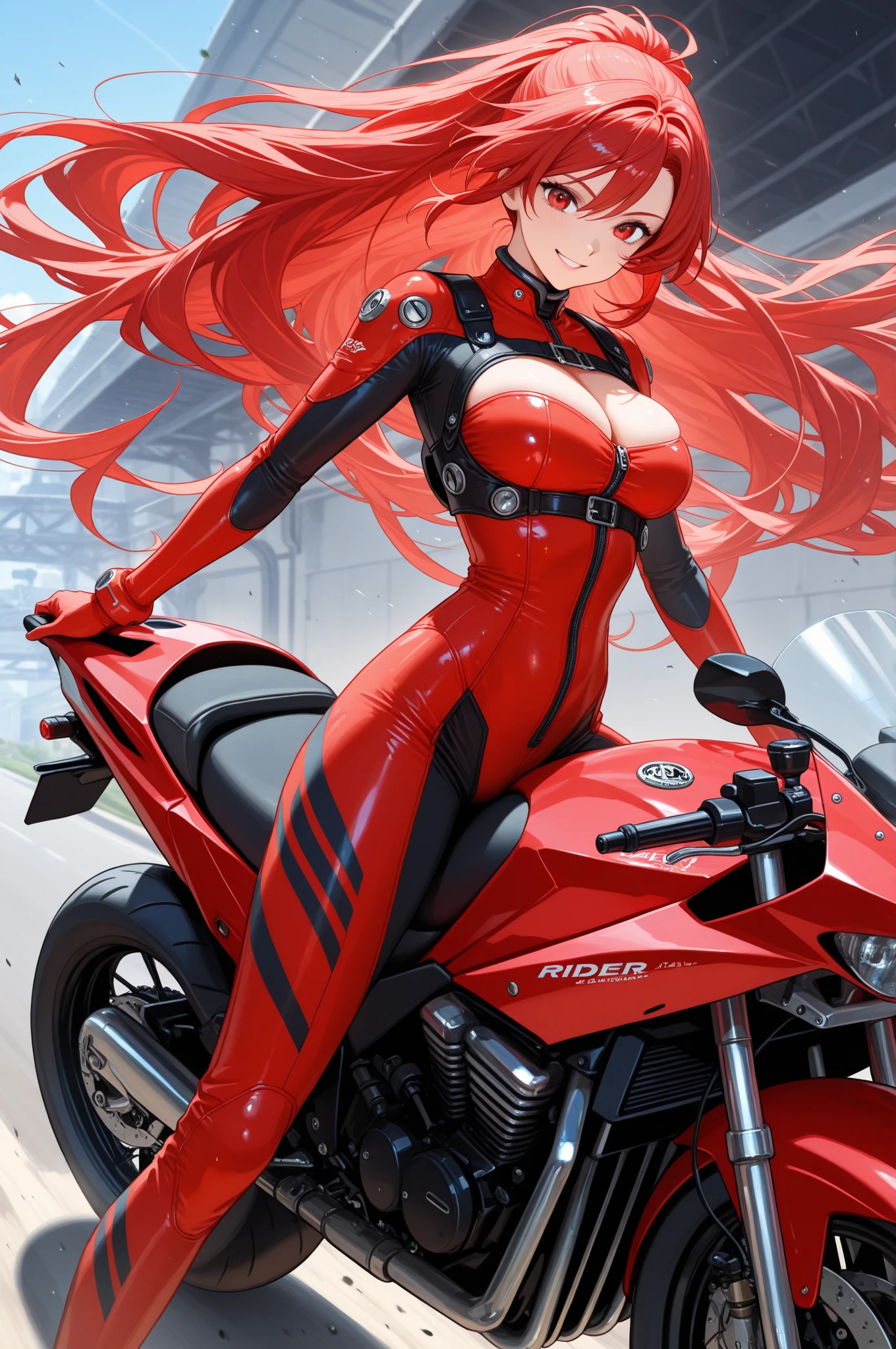 cartoon, masterpiece, best quality, high quality, absurdres, illustration, film grain, chromatic aberration, dramatic lighting, (high resolution,masterpiece, ultra best quality, insanely amazing hyper fine extremely detailed, official:1.4)a full body solo woman with a short hair in a full body red biker suit standing next cyberpunk motorcycle in a underground cyberpunk parking, biker suit open in middle gainax, gainax anime style, studio gainax art, studio gainax illustration, full body zenkai!, inspired by Masamune Shirow, studio gainax, by Masamune Shirow, bubblegum crisis art, bubblegum crisis style, bubblegum crisis illustration, AIC anime style, studio AIC art, studio AIC illustration,