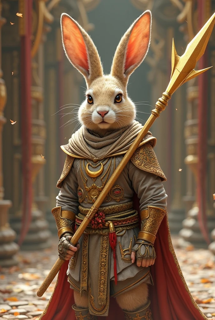 A semi-human rabbit with a large golden spear and dressed like royalty ...