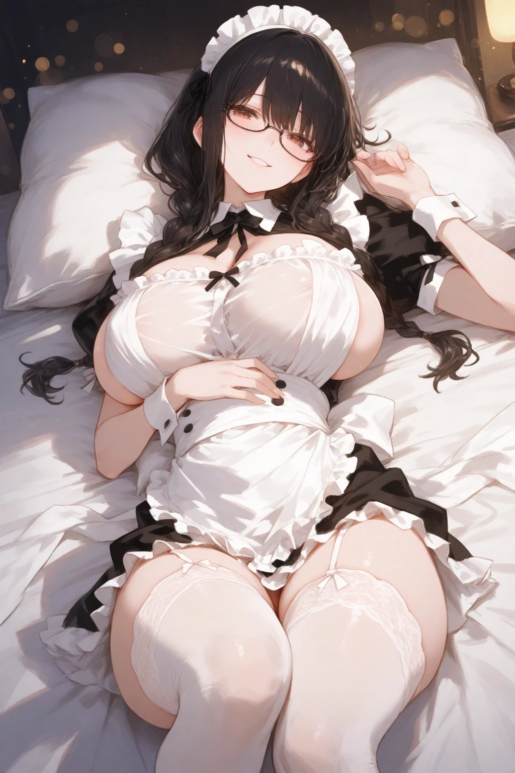 High quality, masterpiece, ultra-detailed, 1girl, thighband pantyhouse, bunny maid outfit, naked breasts, peaceful expression, long black hair, enchanting eyes, bunny ears, ridiculously large breasts, grabbing own breast, shiny skin, bedroom