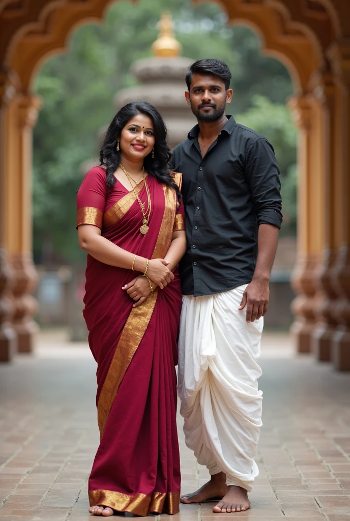 A 50-year-old man  affectionately hugging and kissing on lips of a radiant, full-figured South Indian  45 year old very beautiful bride wearing a off white silky saree and blue blouse in  office, other people cheering next to them, captured in a full-body image with vibrant hues and meticulous details. Full body image