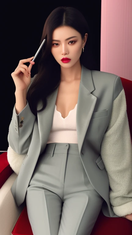 Polaroid black tone low key film, masterpiece, best quality, office lady, heels, sunglasses, smoking a cigarette, red background,