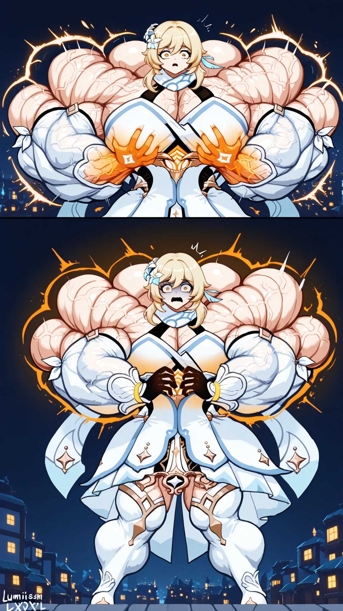 Serious face、(Grin:1.6)、(In 4K)、(High resolution:1.2)、(High freshness)、、(Whole Body Ezbian:1.2)、((short hair:1.2))、(Huge, Vibrant, Fake breasts:1.4)、Deep Valley、(Fight demons、Two brave women with great powers:1.6))、Skin Dance、 (Hard chest:1.6)、(Orange eyes)、((tight competition swimwear:1.6))、(Perfect body:1.8)、Wide Hips, Thick thighs, Huge Ass、Skin dents、(barefoot:1.2)、(Great abs:1.4)、(Tight waist:1.4)、(White Background)、(Dark Skin:1.4)、standing split
standing on one leg