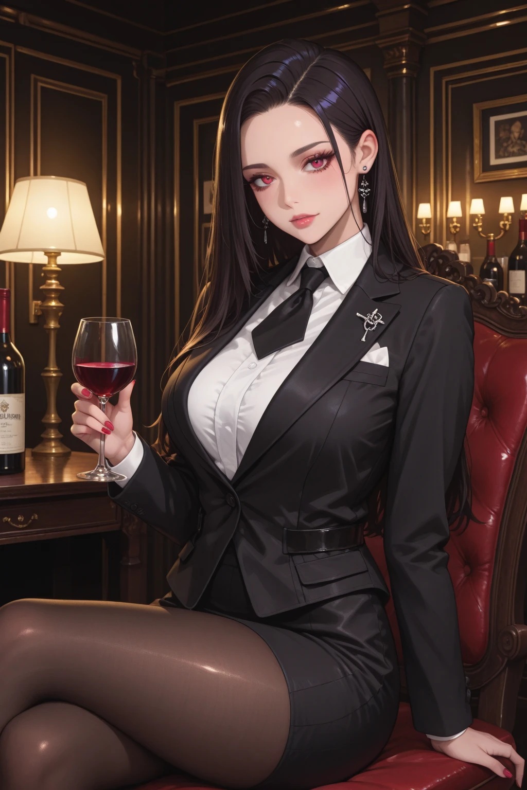 Sophisticated, masterpiece, Beautiful details, colorful, Finer details, Delicate lips, Intricate details, Big Breasts, 1 female, (A beautiful and cute 20-year-old Japanese woman: 1.1),  ( 50mm Sigma f /1.4 ZEISS Lenses, F1.4, 1/800s, ISO100, photograph:1.1), (ponytail+Black Hair:1.2), (Realistic:1.4), (spy:1.2), (Open jacket, shirt, skirt, tie, Black Pantyhose, Christian Louboutin\(brand\),: 1.3), Earrings, necklace, Armband, (shoulder strap, bar: 1.2), (beautiful feet, Tall Girl, skinny, slim_feet, thigh_gap, model :1.2), Lens flare, Viewed from the front, (smile: 1.1), Dynamic pose, (Compensate: 1.2), sitting on a bar stool,smile、Second dimension beautiful girl