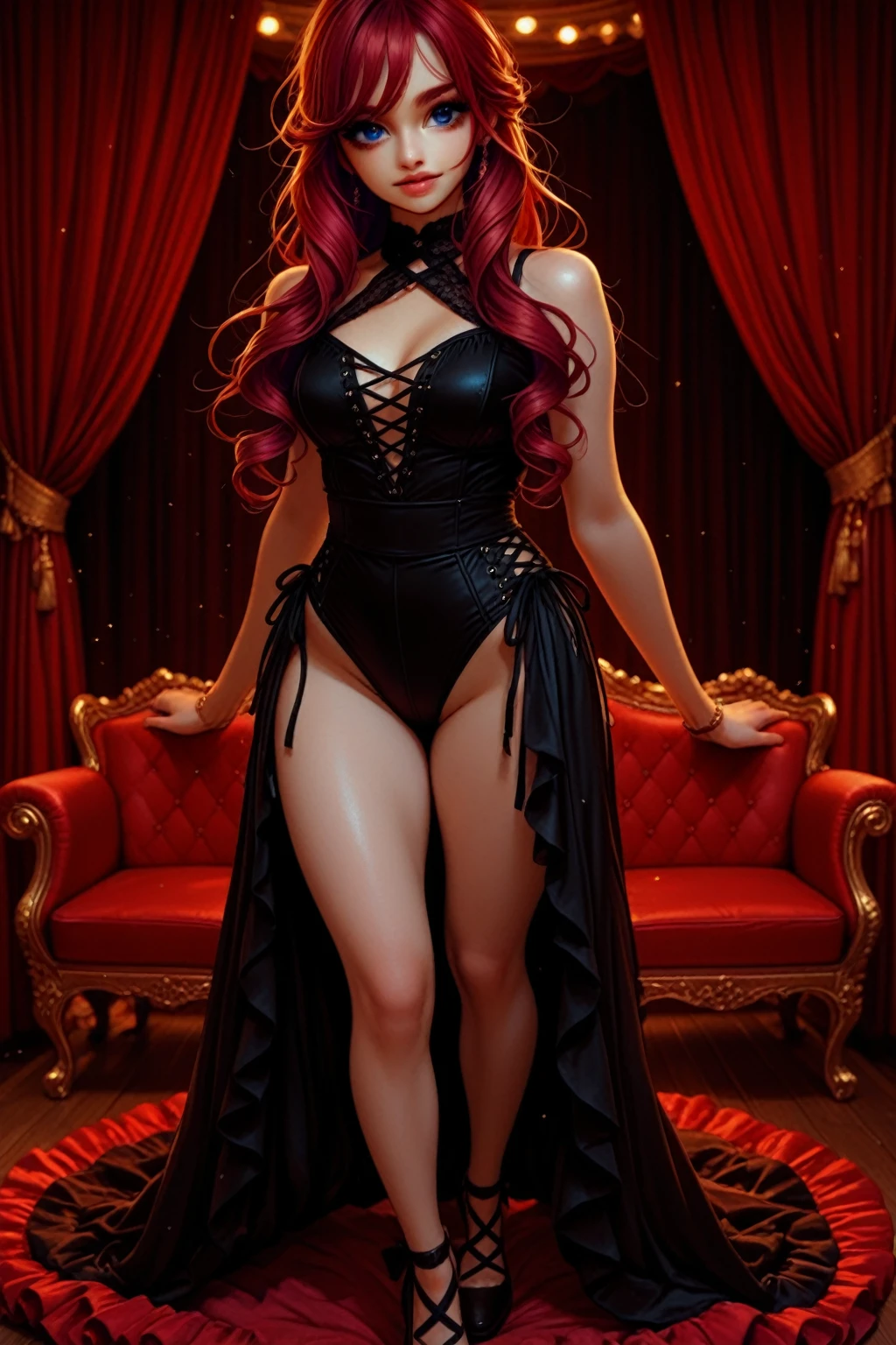 UHD 8k, HDR+, Kelly Divine, cute bright red female with a necklace, large piercing eyes, huge earrings, giant earrings, her long bright red hair falls over her shoulders, gold bracelets on the arms, long jet black hair flowing over the shoulders, Black high heel shoes, High heels, Black gothic dress, Against the background of the forest, detailed background, realistic, 1girl, solo girl, 30 year old girl, ultra realistic face, hyperrealistic, hyperdetailed, (looking at viewers), sharpen, detailed face, detailed eyes, detailed lips, red lips, beautiful face, 16k, FHD, raw photo, cute face mesh, pretty face mesh, portrait shot 8 k