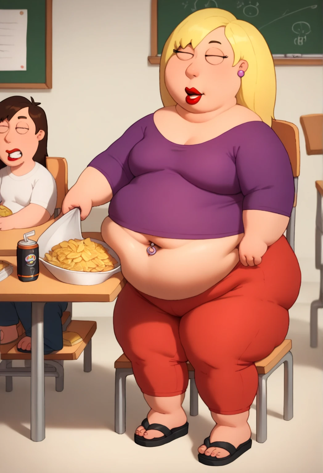 (masterpiece, best quality, highres, detailed, realistic:1.2), young american woman, USSBBW, (morbidly obese:1.3), (fatblob:1.3), detailed face, beautiful face, birthday party, blowing candles, birthday cake, messy, slob, hair braids, happy, excited, surrounded by concerned friends, high aesthetic