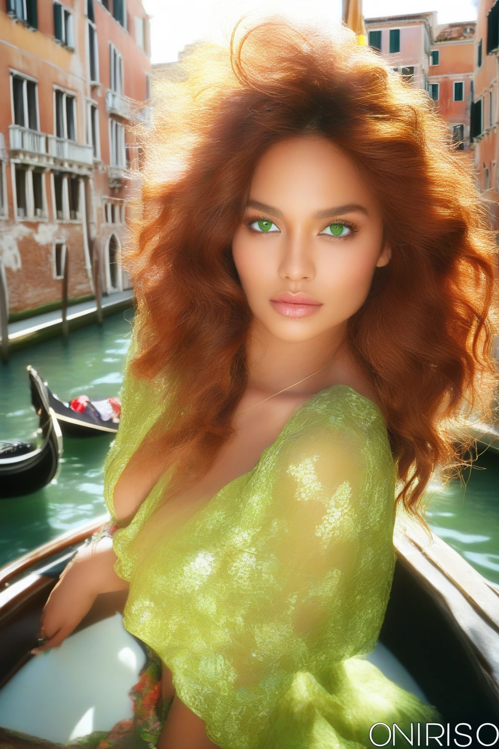 Oniris Inay Iacommo is a 25-year-old woman who stands out for her curly hair with soft waves of red hair. 
 his green eyes , deep and expressive, reflect a passionate and curious personality. 
measures approximately 1,70 meters high. Her skin contrasts beautifully with her reddish hair and 
her thin lips making her exotic with her fine and delicate features. 
Oniris Inay Iacommo is taking a boat ride through Venice enjoying the scenery and food while seeing her seductive and sexy man.

