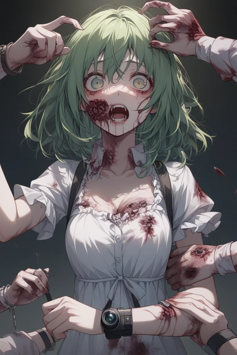 DETAILED, DENSE, MASTERPIECE, one girl, beautiful, 22 years old, smooth skin, glowing skin, glowing hair, clear eyes, glowing eyes, red eyes, soft lips,(viewer Looking down: 0. 8) smiling slightly, cheeks stained, mouth open, one girl, soft skin, large breasts, glowing skin, (Masterpiece: 1.0), (Realistic: 1.6), (Soft Focus: 1.5), full body, big lips, sexy face, sharp eyes, grin, skinny waist, (((skinny waist))), pastel pink jacket,smile,body horror,nurse,scary, sexy, zombie, decay, sharp teeth, green skin, patchwork, ((white hair)), big platform boots, fur on boots, buckle on boots, fur coat, sexy, trendy, ((pale green skin)), yellow glowing eyes, dead, undead, gray green skin