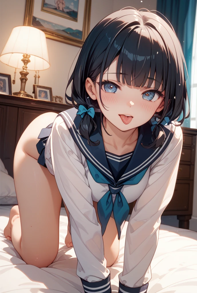 nsfw,alone, (One girl), Elementary school girl,8-year-old, ((全naked)), (naked), sexy, (Cowboy Shot),(wearing only the top half of sailor school uniform) , With a girl:Her hair is long and black, Her face is round and cute, Black Hair, Low twin tails,(Shy, Embarrassing),(lying on bed)、Spread your legs、Beautiful nipples,Small breasts,(orgasm)、(cowgirl position),looking away,1boy,penis,sex,,arms behind back,
